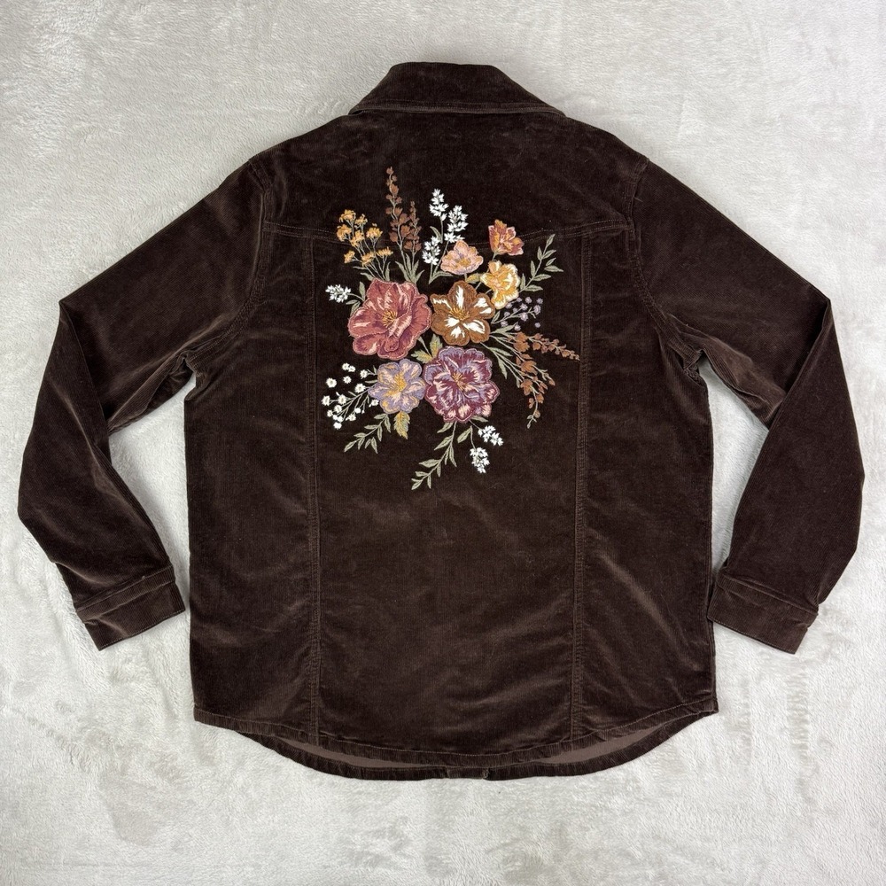 Driftwood Corduroy Shacket Shirt Jacket Women XL Brown Floral Embroidered Boho